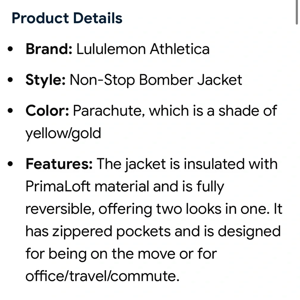 Lululemon Non-Stop Bomber Jacket REVERSIBLE  in Parachute Size 6
